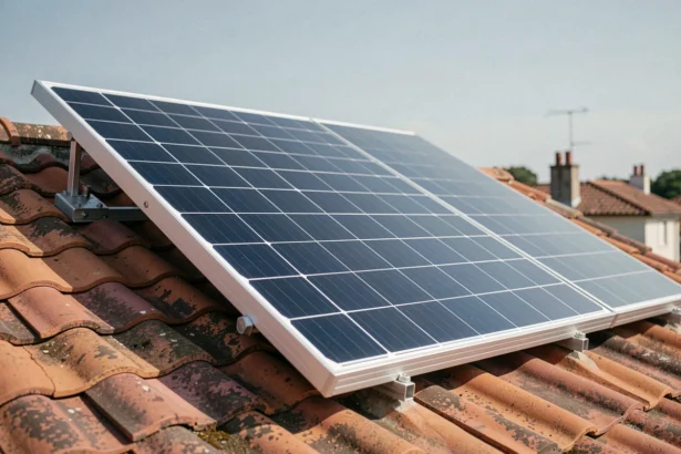 Panneau solaire 100W installé sur un toit en tuiles avec vue sur un quartier résidentiel