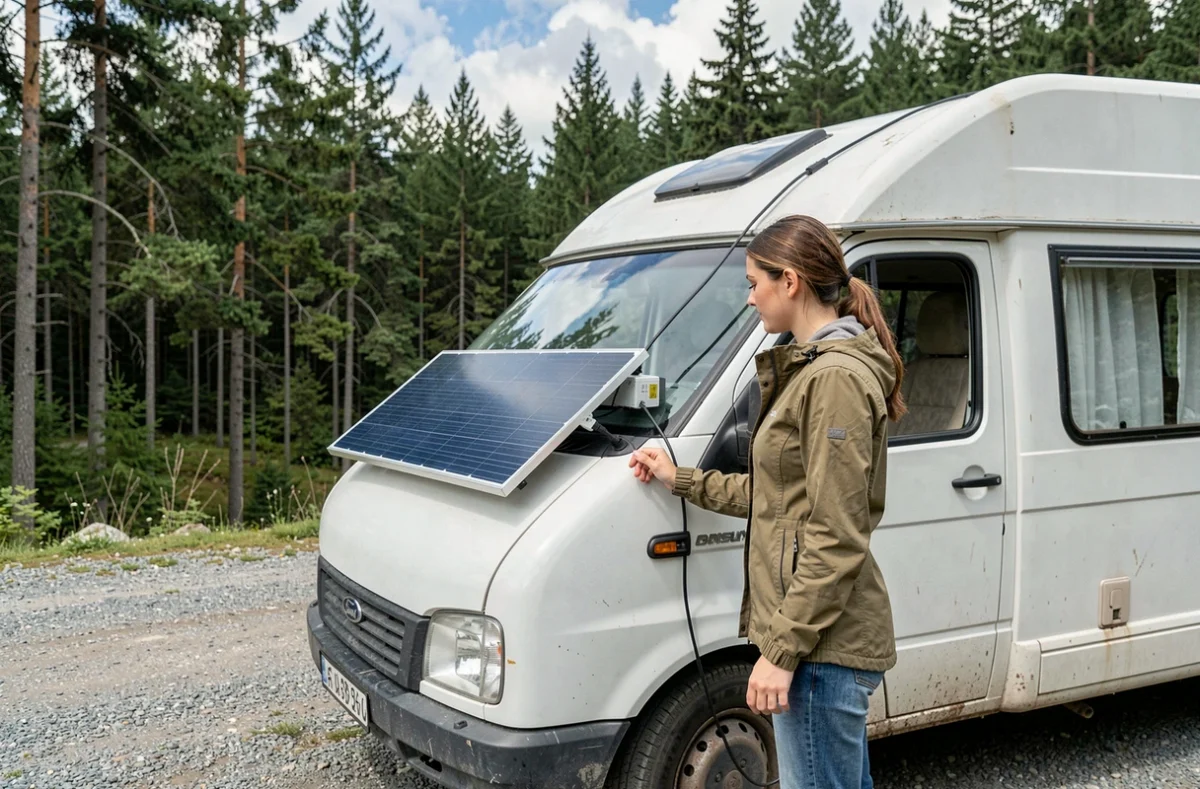 Femme installant un panneau solaire flexible 100W sur le toit d'un van aménagé en forêt
