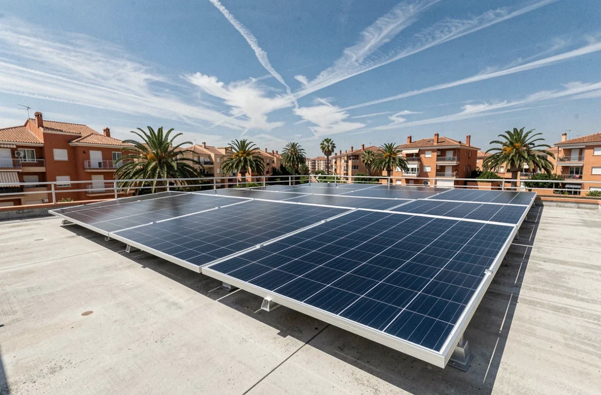 Rangée de panneaux solaires installés sur un toit plat d'une maison espagnole moderne