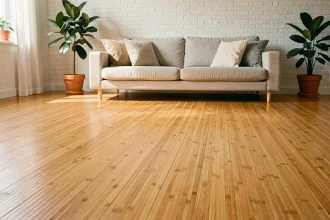 Parquet en bambou écologique installé dans un salon scandinave minimaliste avec plantes vertes et canapé blanc