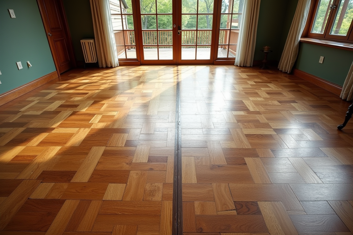 Parquet vintage avant et apres renovation en contraste lumineux