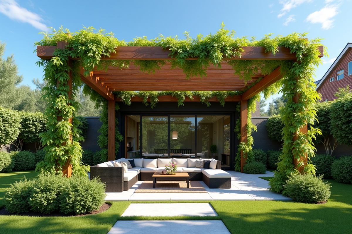 Pergola en bois moderne dans un jardin ensoleille avec plantes