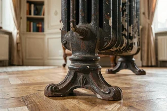 Pied en fonte sous un radiateur à colonnes installé sur parquet en bois dans un salon haussmannien classique
