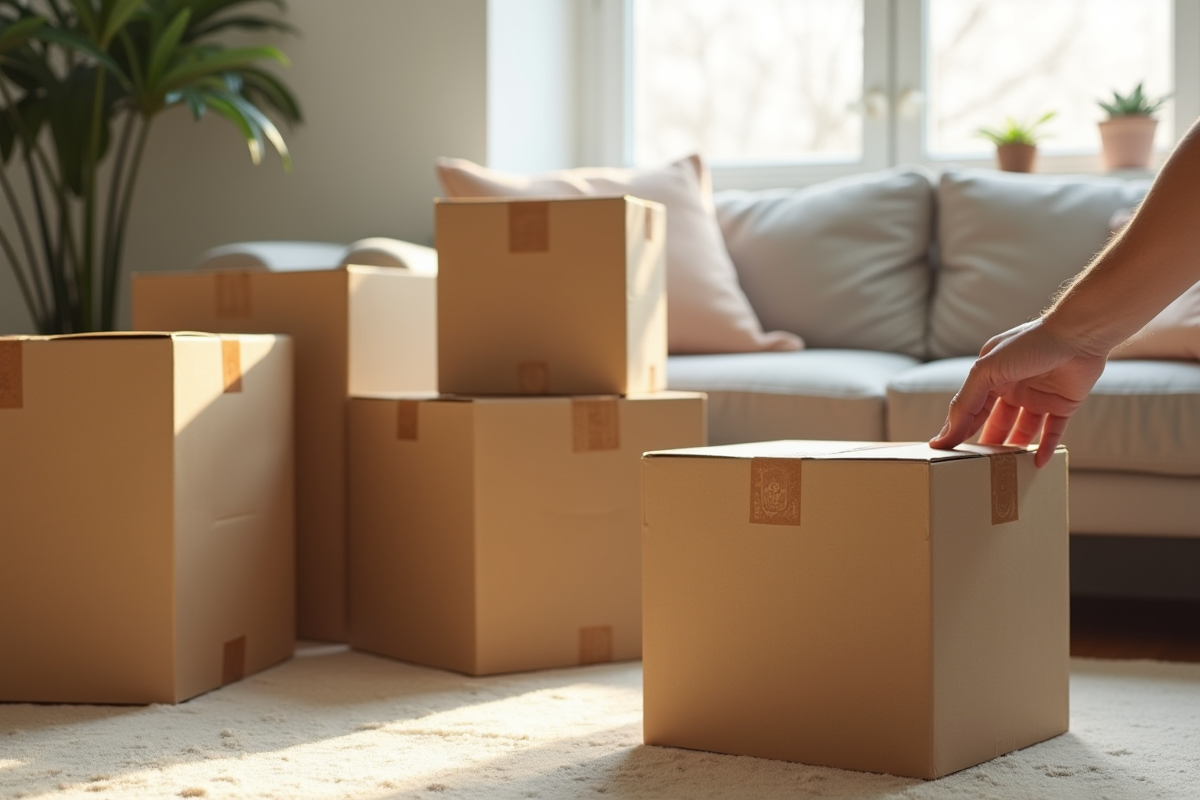 Piles de boîtes en carton pliées dans un salon lumineux