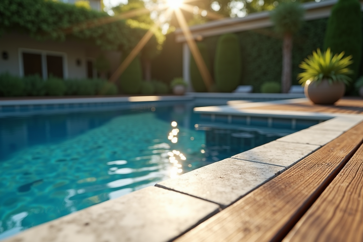 Piscine moderne avec margelle en pierre et deck en bois