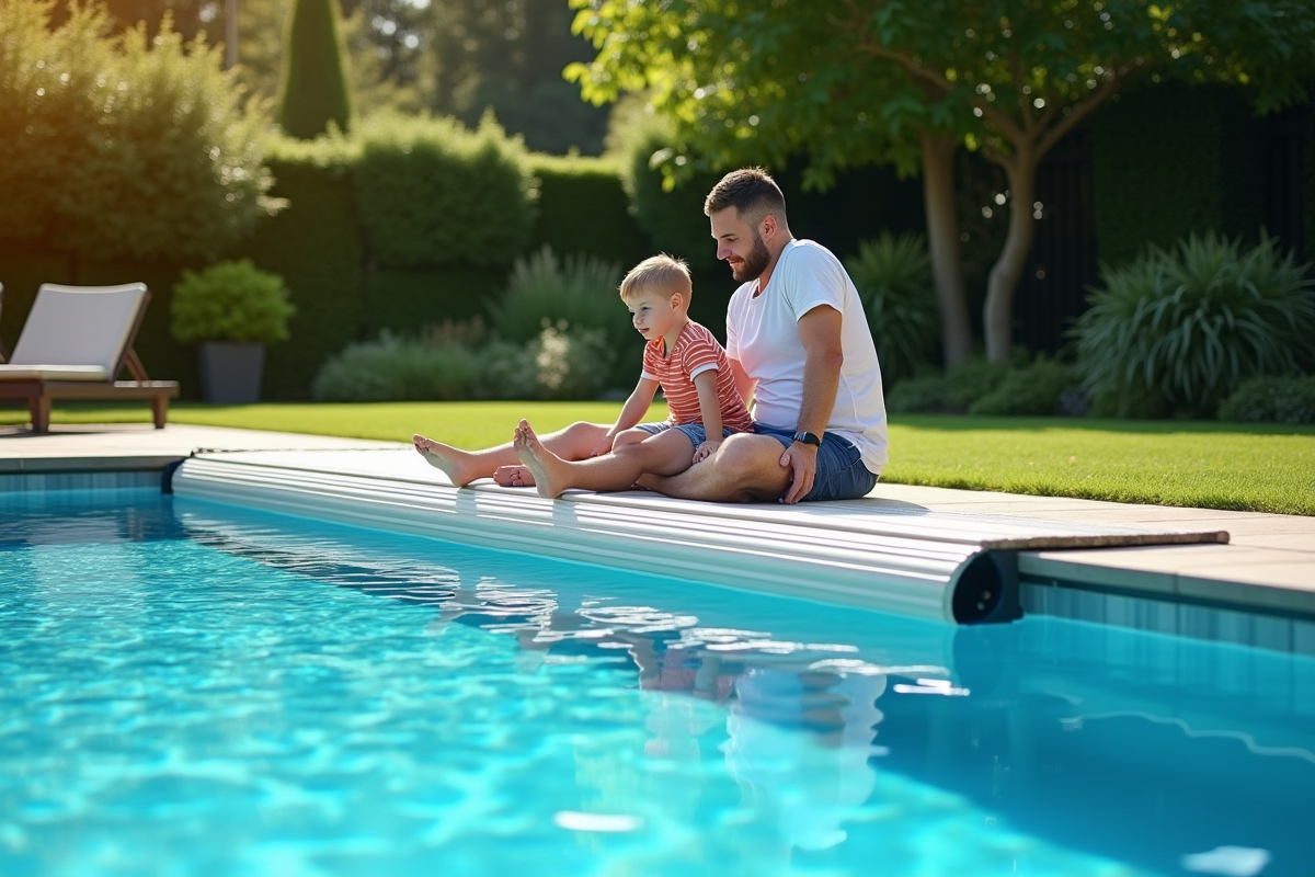 Piscine moderne avec couverture en lames et famille au bord