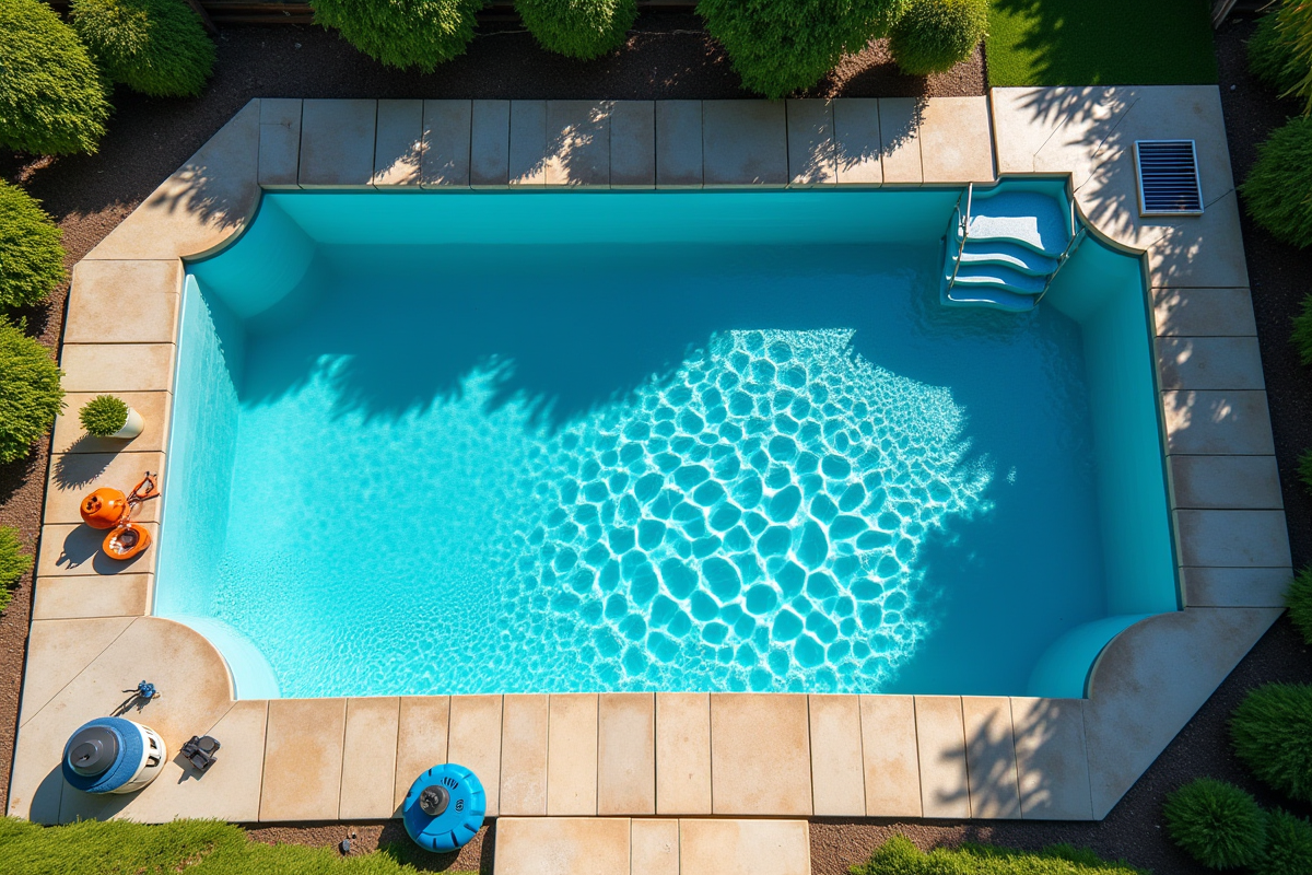 Piscine brillante dans le jardin avec accessoires économes en énergie