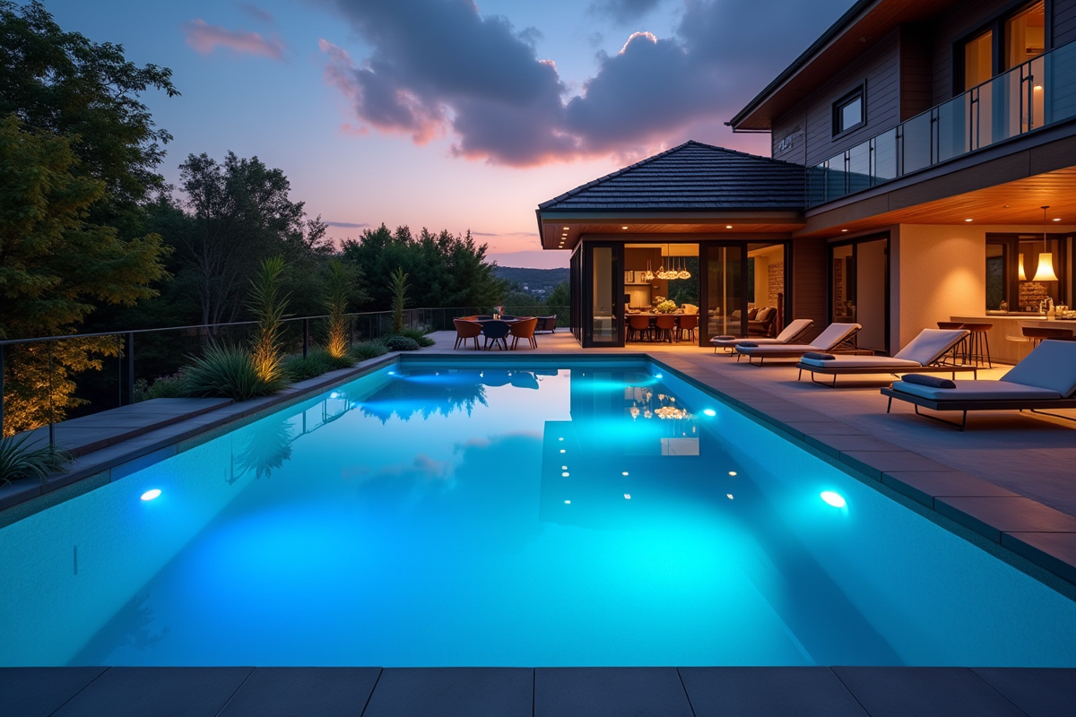 Piscine extérieure moderne éclairée au coucher du soleil avec jardin