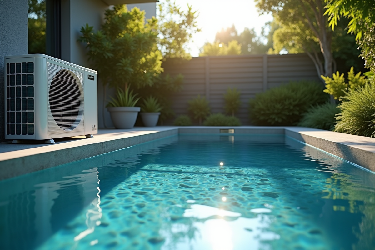 Piscine extérieure moderne avec pompe à chaleur et verdure