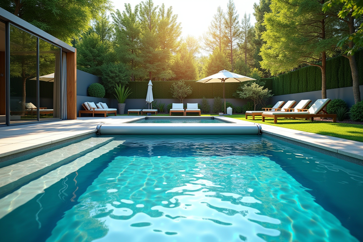 Piscine moderne avec couverture rétractable partielle en été
