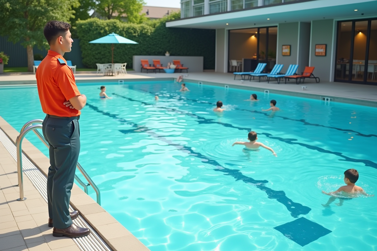 Piscine extérieure moderne avec surveillant et enfants en sécurité