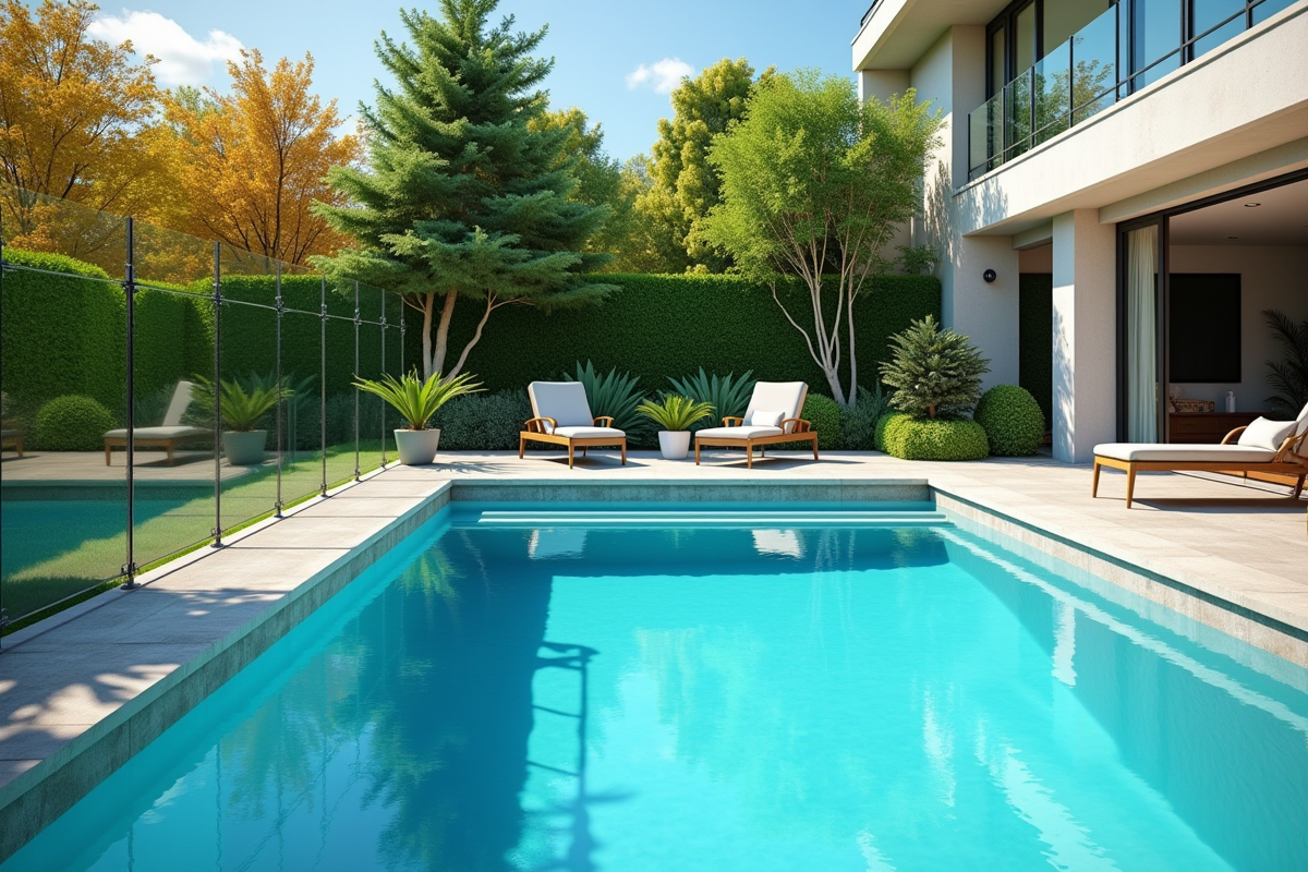 Piscine moderne dans un jardin avec clôture de sécurité ensoleillée