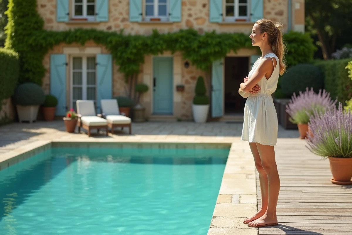 Femme admirant une piscine rénovée dans le jardin d'une maison ancienne en pierre avec margelles en pierre naturelle et terrasse en bois