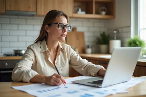 Femme en train de planifier un projet de rénovation maison avec des plans et un budget sur ordinateur portable