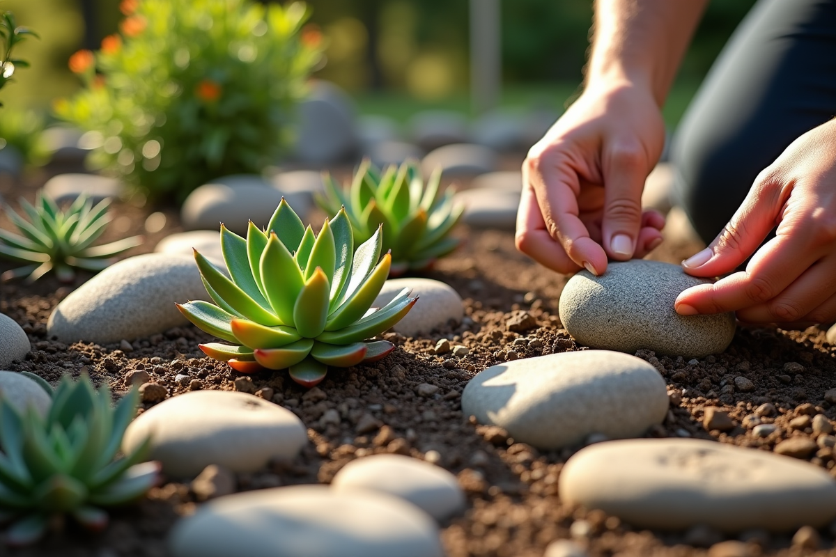 Mains plantant des succulentes parmi des pierres dans le jardin