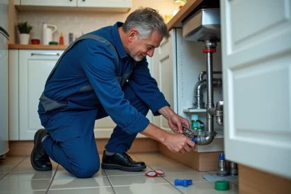 Plombier homme en bleu fixant un joint de tuyau sous &eacute;vier