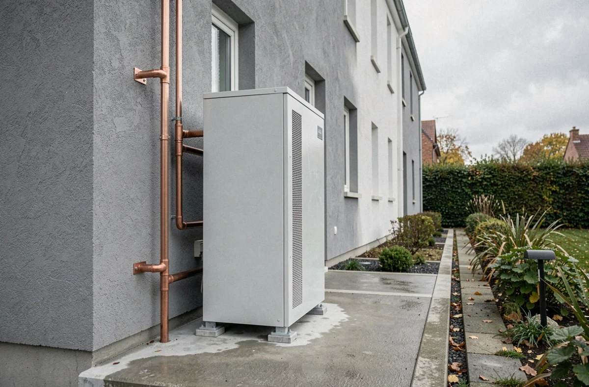 Pompe à chaleur air-eau installée sur dalle béton contre la façade d'un pavillon résidentiel à Rennes