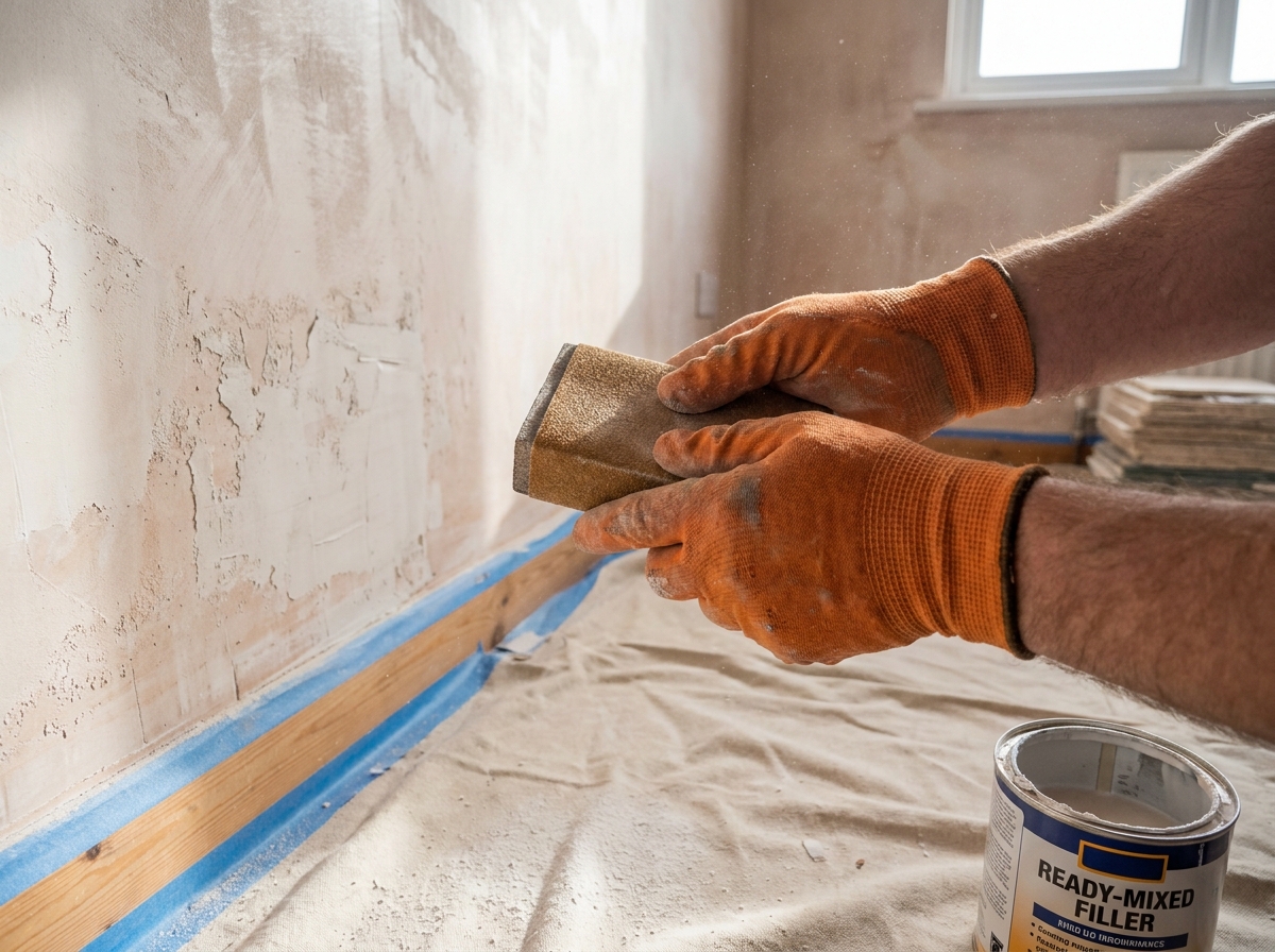 Gros plan sur un mur en cours de ponçage avant peinture avec une cale à poncer et poussière de plâtre visible