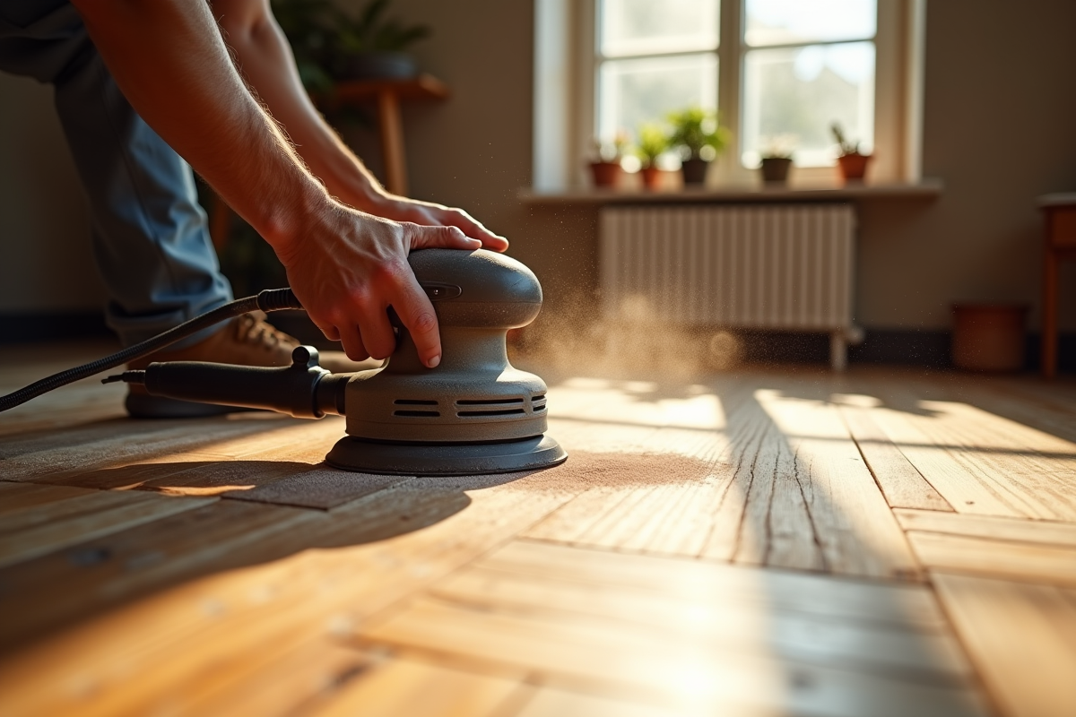 Un artisan ponçant un parquet en bois ancien dans un salon lumineux