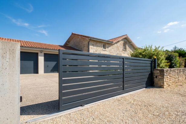 Portail coulissant en aluminium anthracite installé devant une maison pavillonnaire avec allée en gravier et piliers en béton enduit