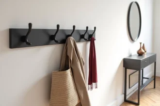 Porte-manteau mural moderne en acier noir avec crochets minimalistes dans une entrée d'appartement contemporain