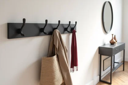 Porte-manteau mural moderne en acier noir avec crochets minimalistes dans une entrée d'appartement contemporain