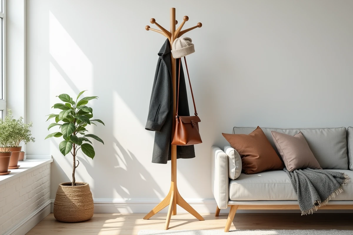 Porte-manteau sur pied en bois naturel dans un salon de style scandinave avec manteau et accessoires suspendus