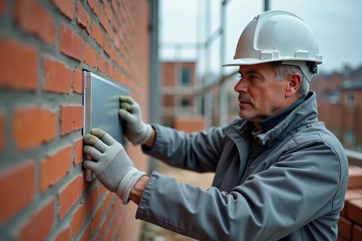 Ouvrier posant une cornière aluminium extérieure sur un angle de mur en chantier de construction