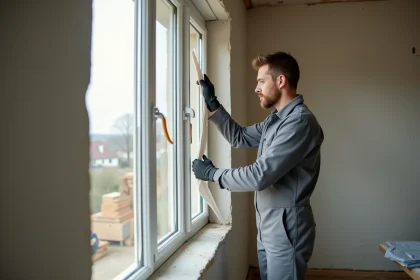Poseur de fenêtre appliquant un joint pré-comprimé sur un cadre PVC lors d'une installation en rénovation