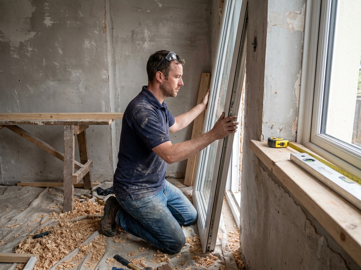 Artisan posant une fenêtre PVC blanche lors d'une rénovation, montrant l'installation professionnelle de fenêtres pour améliorer le confort d'un logement