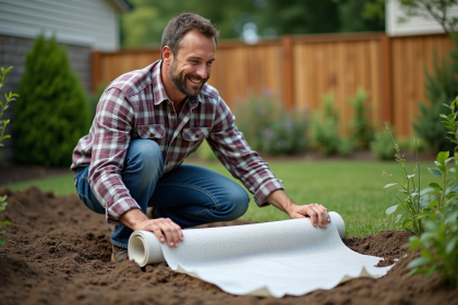 Homme en jeans pose un geotextile dans le jardin