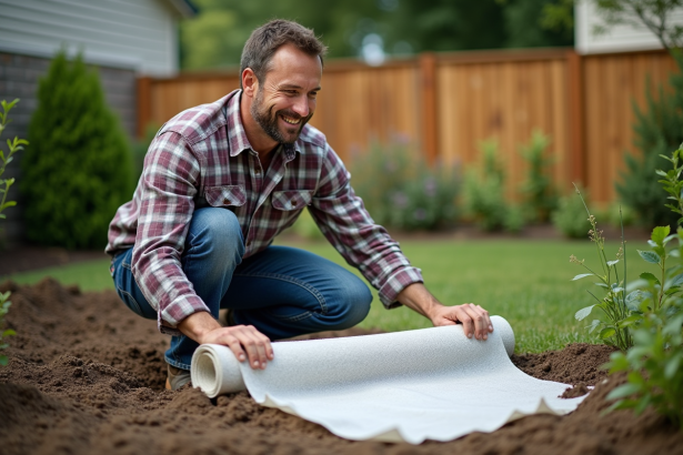 Homme en jeans pose un geotextile dans le jardin