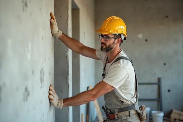 Ouvrier posant un panneau de placo isolant thermique contre un mur en béton brut lors de travaux de rénovation intérieure