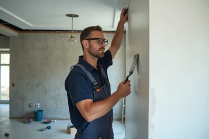 Artisan en train de poser un plafond tendu blanc dans une maison en cours de rénovation énergétique