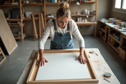 Femme appliquant une toile enduite sur un châssis en bois sans faire de bulles, atelier de peinture artisanal