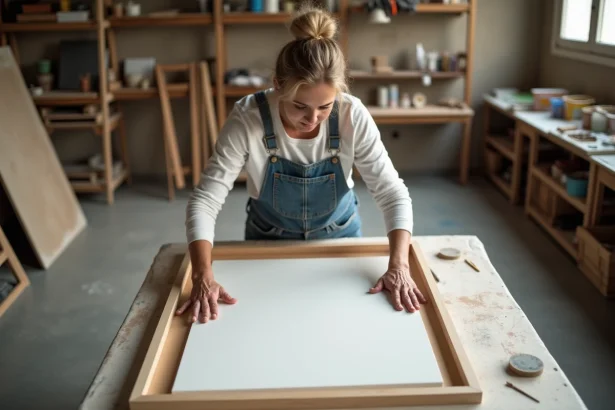 Femme appliquant une toile enduite sur un châssis en bois sans faire de bulles, atelier de peinture artisanal
