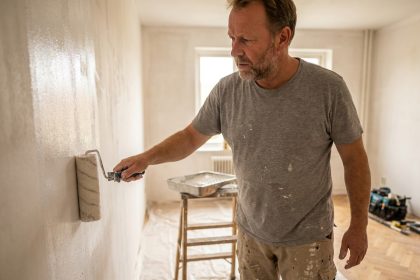 Homme en tenue de travail appliquant une couche d'apprêt sur un mur intérieur avant peinture avec un rouleau