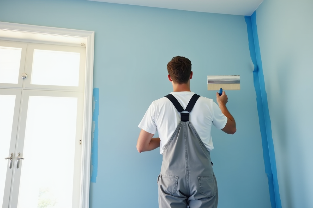 Peintre professionnel préparant un mur avec du ruban bleu