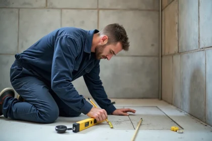 Plombier professionnel mesurant et marquant le sol en béton d'une salle de bain avant la pose d'un receveur de douche extra plat