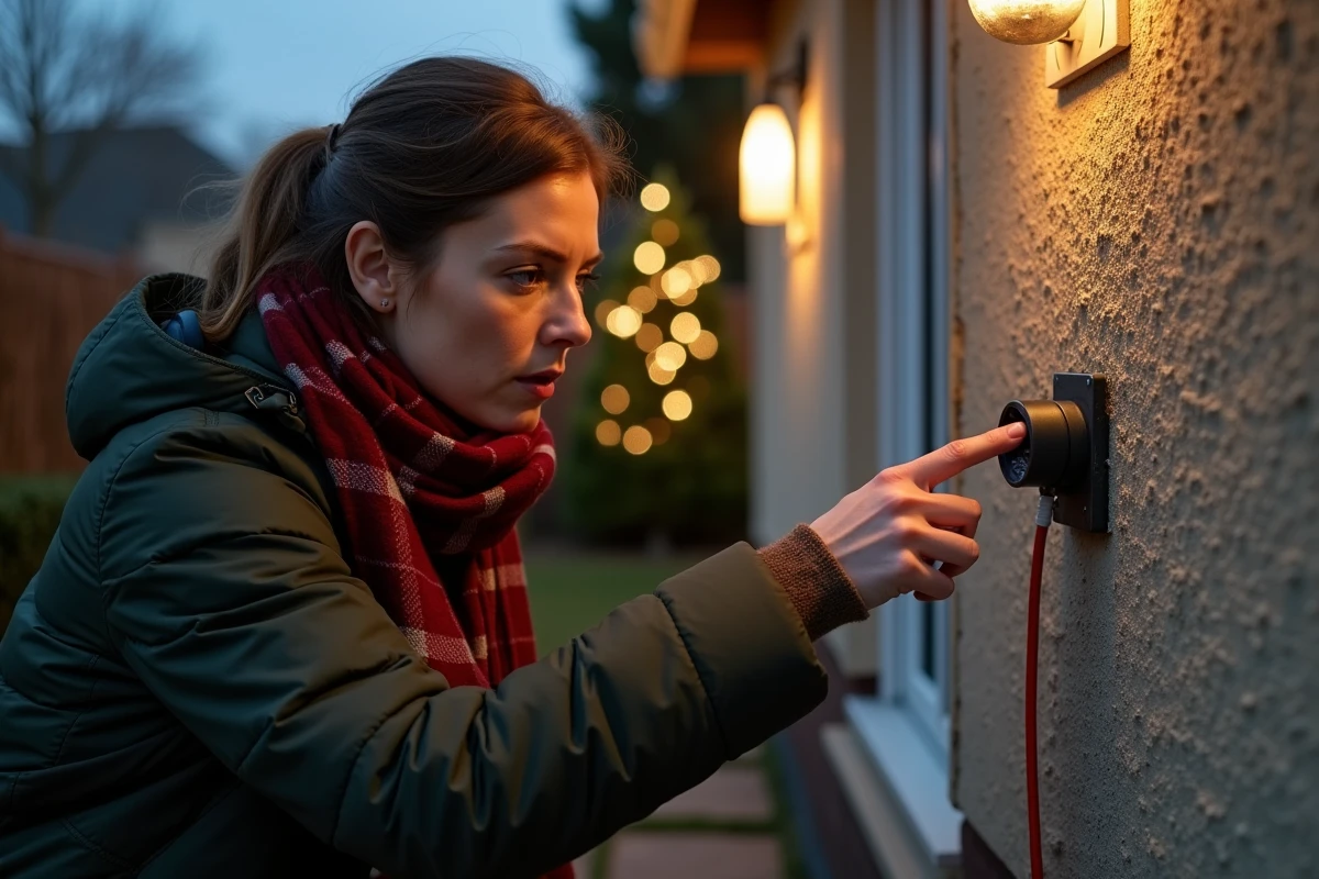 Femme inspectant une prise électrique extérieure endommagée avant d'y brancher des décorations lumineuses de Noël