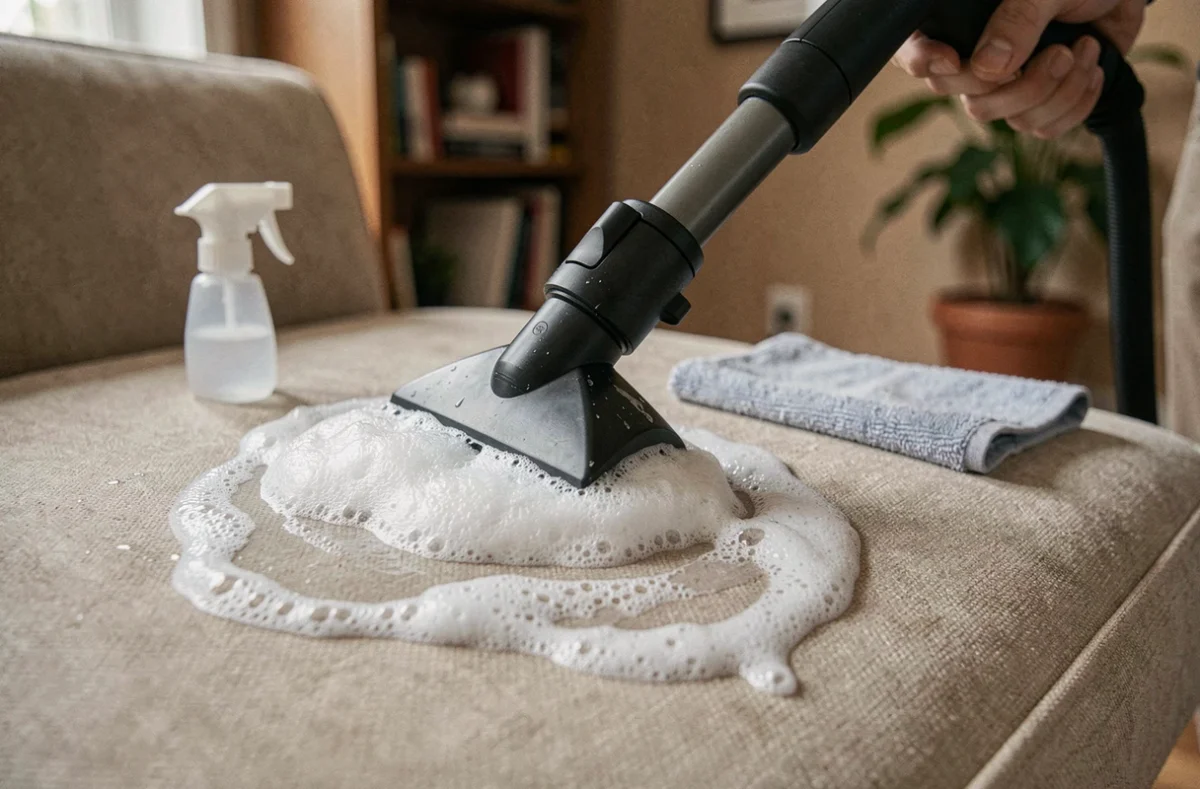 Gros plan sur un produit moussant pour shampouineuse appliqué sur un canapé en microfibre beige