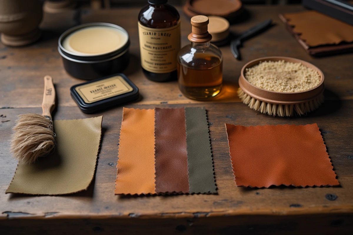 Présentation de produits d'entretien et d'échantillons de cuir aniline à différents stades de vieillissement sur une table en bois