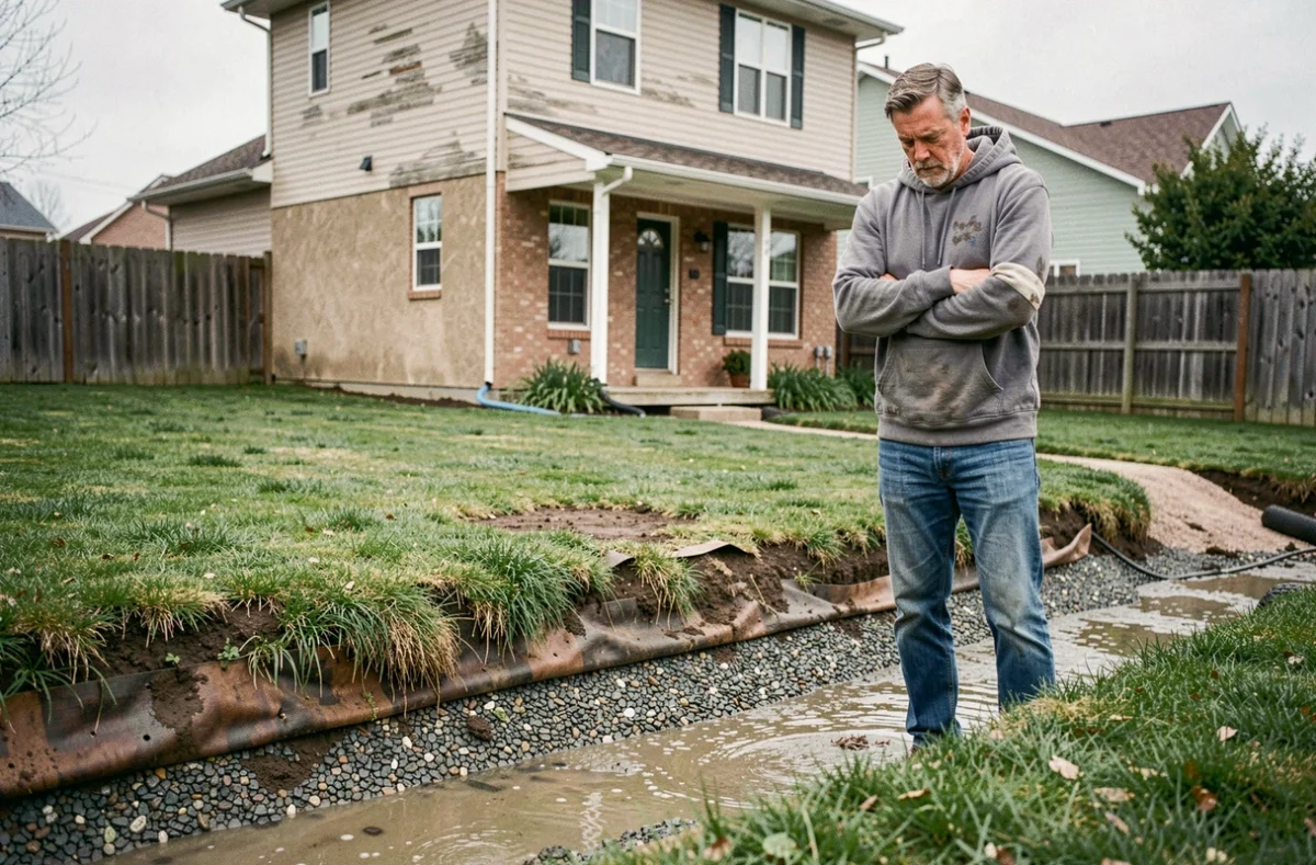 Propriétaire préoccupé observant un système de drainage périphérique sans géotextile avec des problèmes d'infiltration visibles dans le jardin