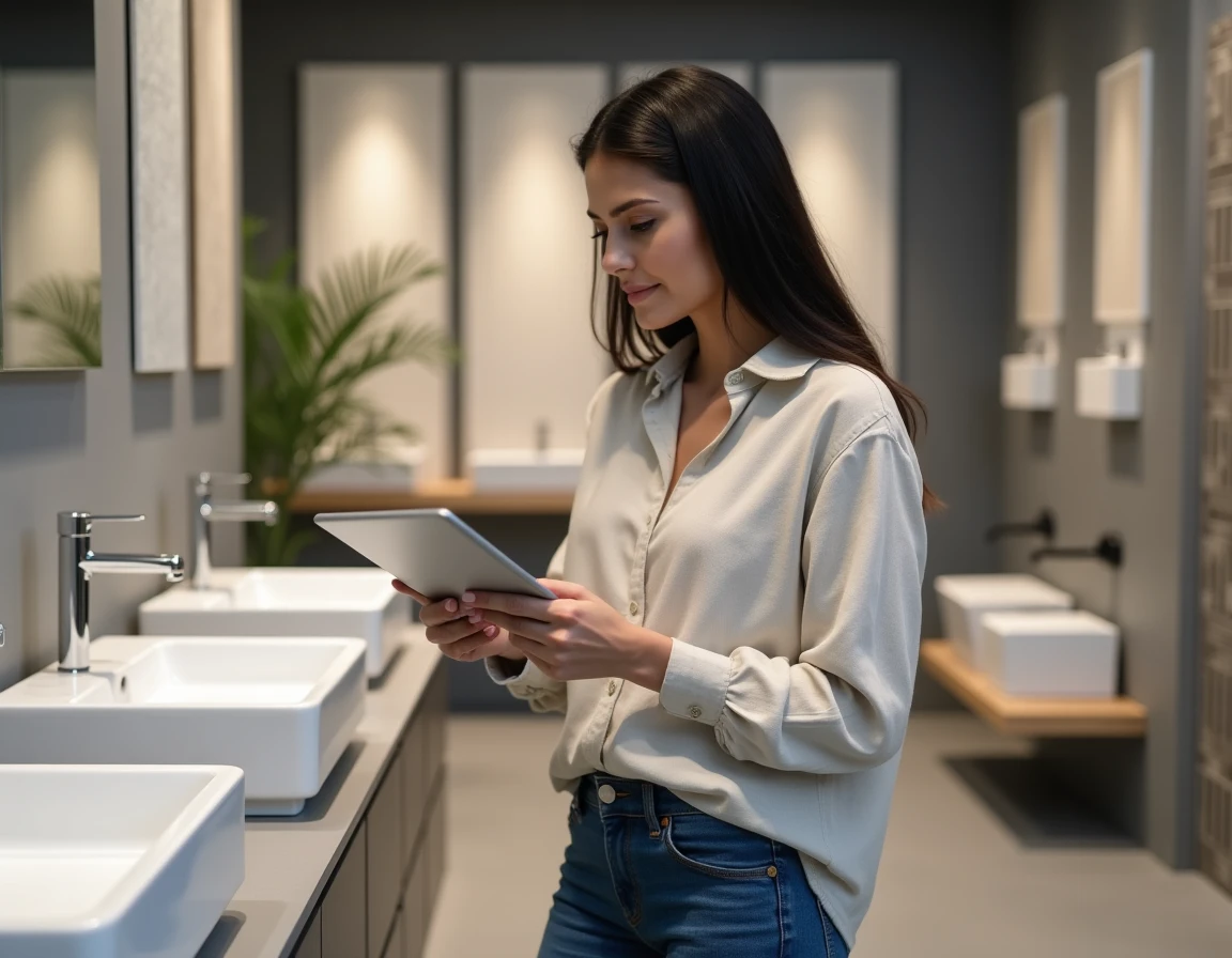 Propriétaire comparant des équipements de salle de bains dans un showroom lors d'une consultation de rénovation