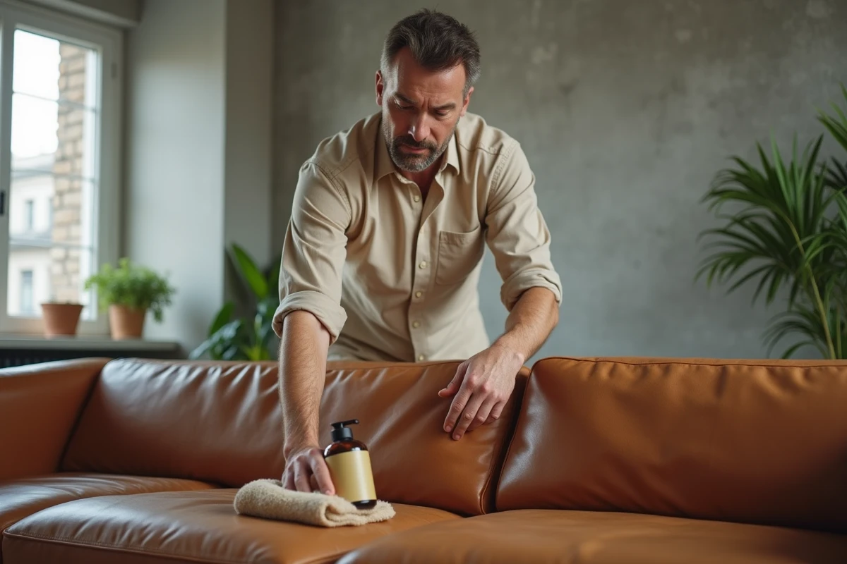 Homme appliquant un produit protecteur sur un canapé en cuir aniline pour prévenir le changement de couleur