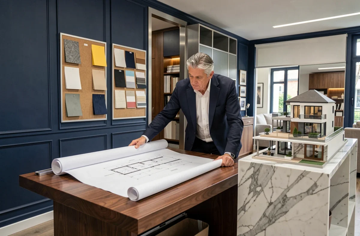 Bureau-showroom de R-Deco-Actuel à La Roche-sur-Yon avec table à dessin, maquette et échantillons de matériaux