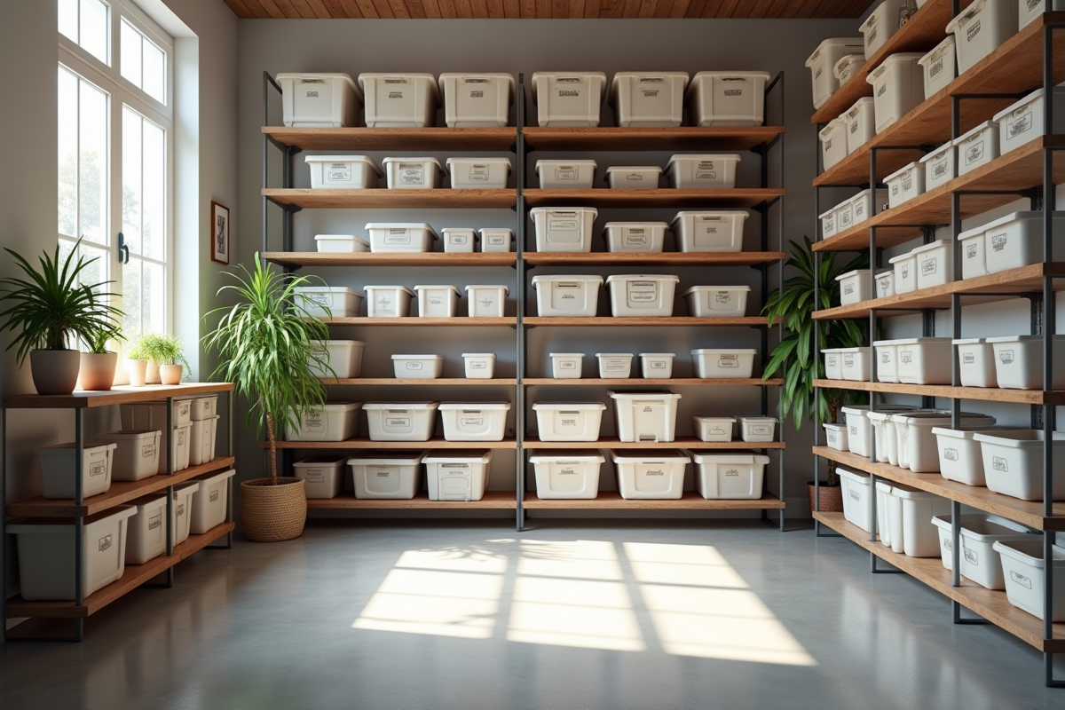 Salle de rangement moderne bien organisée avec étagères étiquetées
