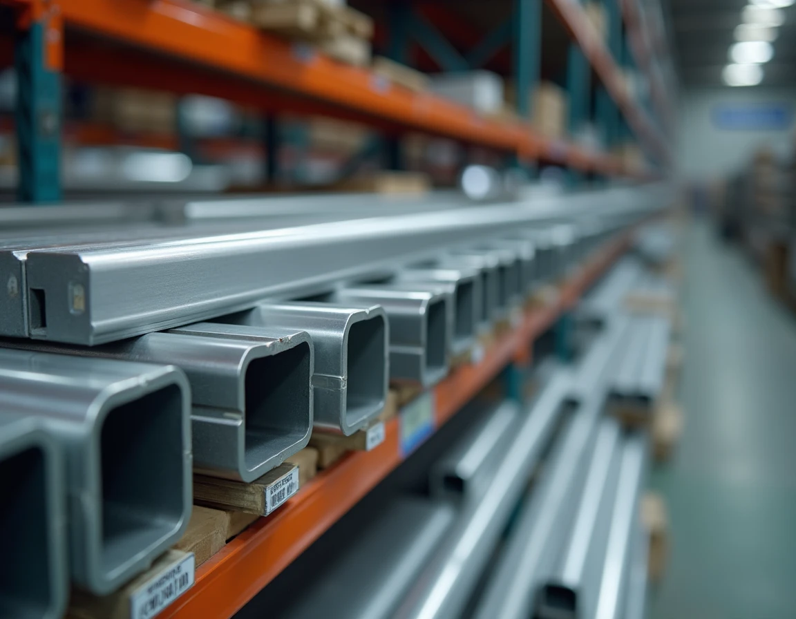 Rayonnage d'entrepôt métallurgique organisé avec des tubes en aluminium rectangulaires de différents alliages et finitions classés par référence