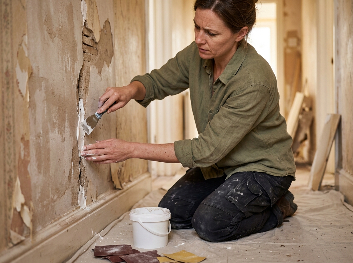Femme rebouchant une fissure dans un mur de couloir avec un enduit avant application de peinture