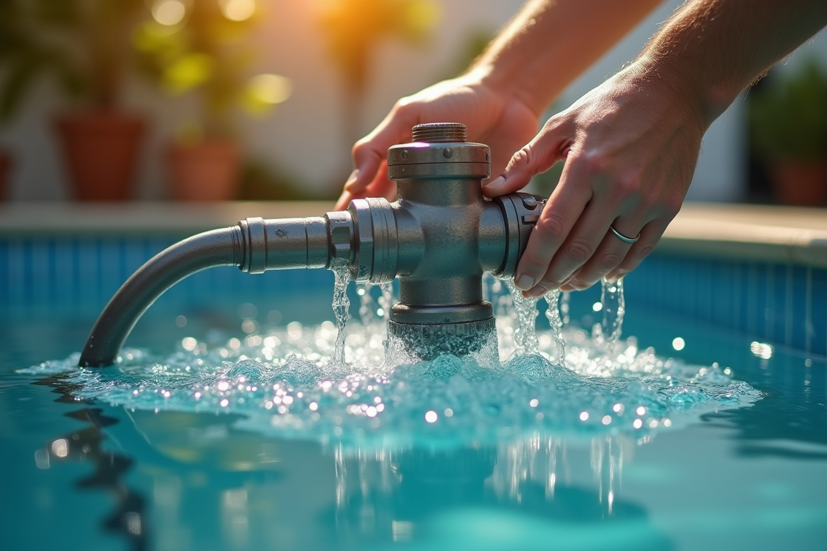 Mains ajustant la vanne du filtre de piscine lors du nettoyage